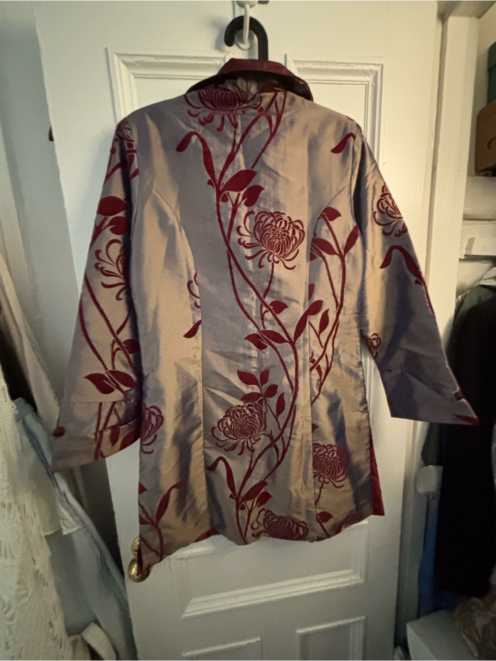 Gray Satin Trench Coat with Burgundy Floral Velvet Trim - Picture 4 of 7